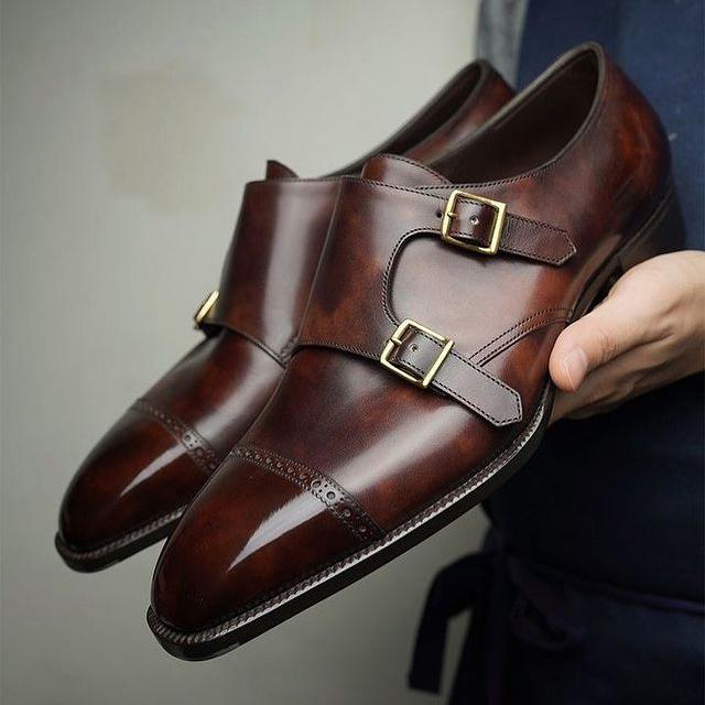 Handmade double buckle classic formal men's monk leather shoes