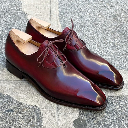 Burgundy Square Toe Lace-Up Shiny Formal Business Shoes