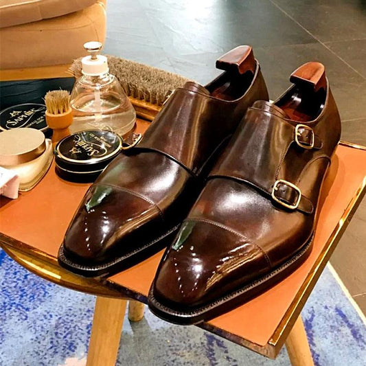 Brown classic double buckle handmade men's monk shoes