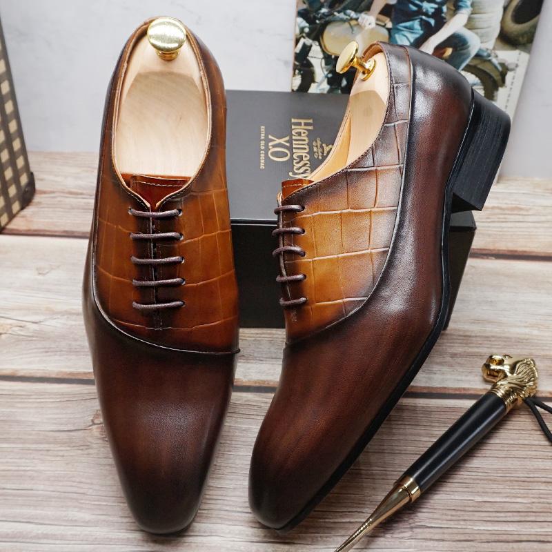Luxury man Oxford Genuine Leather Men Dress Shoes Black Brown Lace Up Pointed Toe Crocodile Prints Wedding Office Formal Shoes
