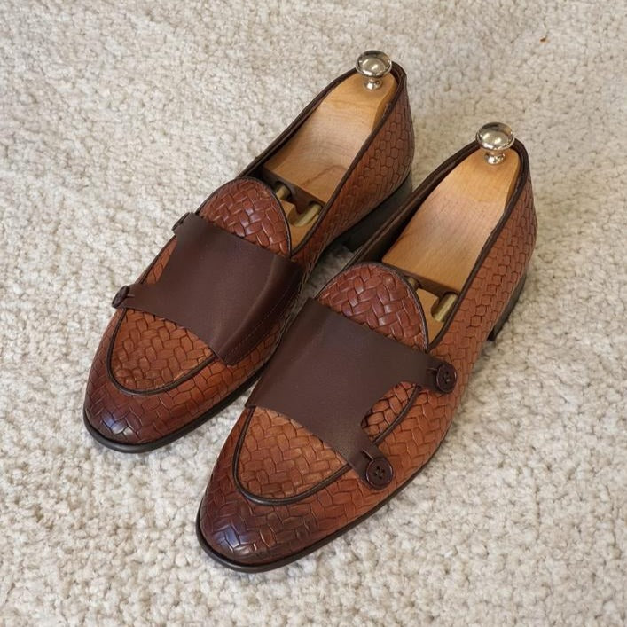 Bristol Tan Woven Leather Double Monk Strap Loafers Shoes