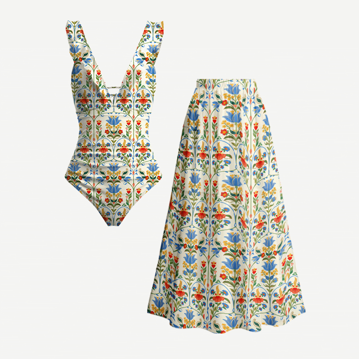 Folk Bloom Ruffled V Neck One Piece Swimsuit and Matching Midi Skirt Set
