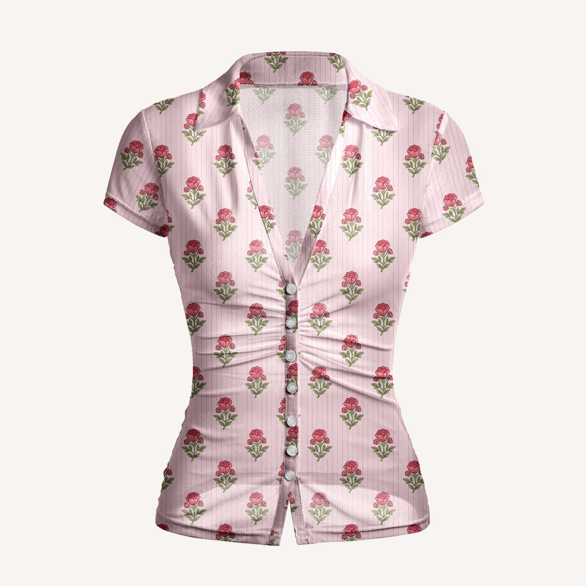 V-Neck Short Sleeve Misty Rose Garden Print Mesh Top