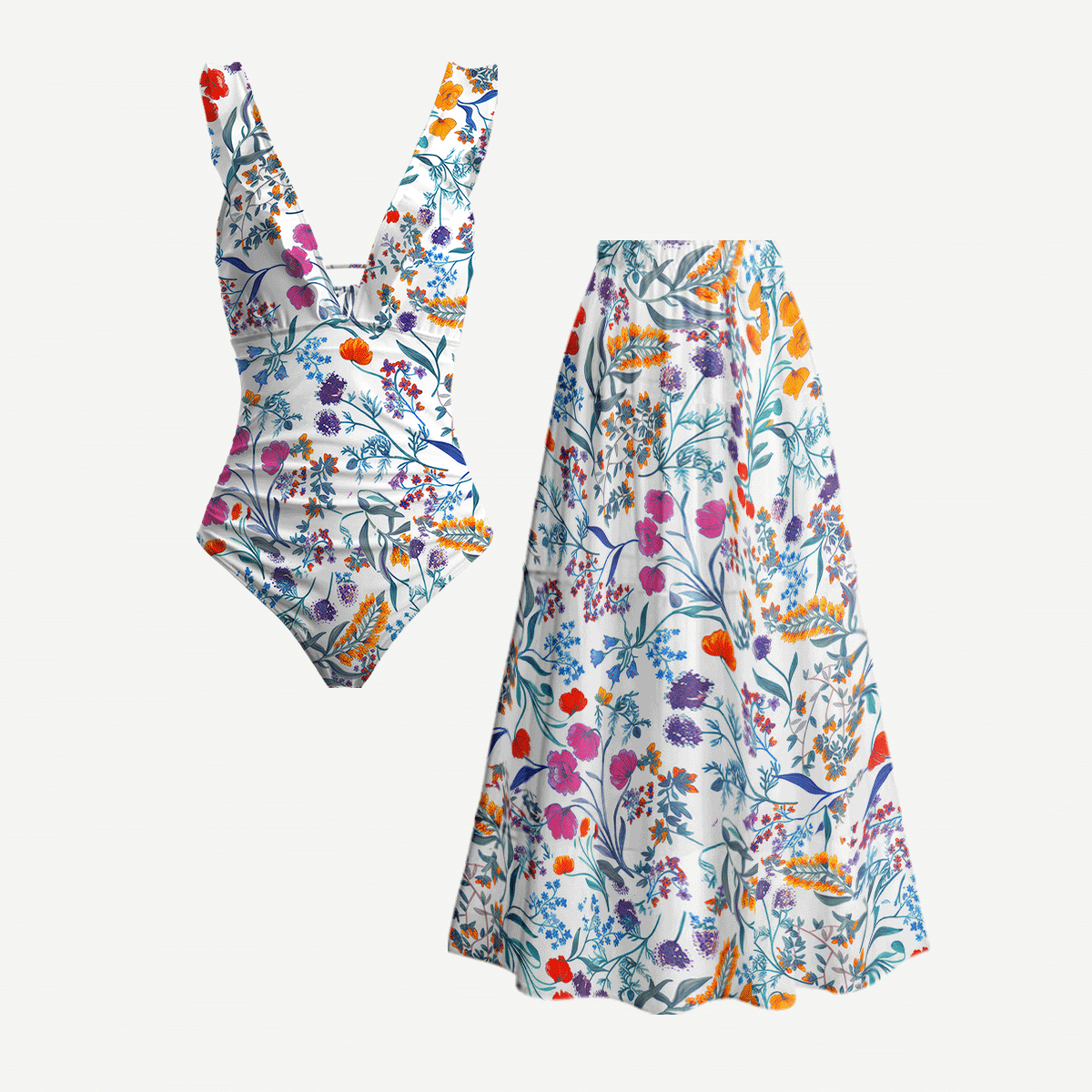 Fiery Meadow Ruffled V Neck One Piece Swimsuit and Matching Midi Skirt Set