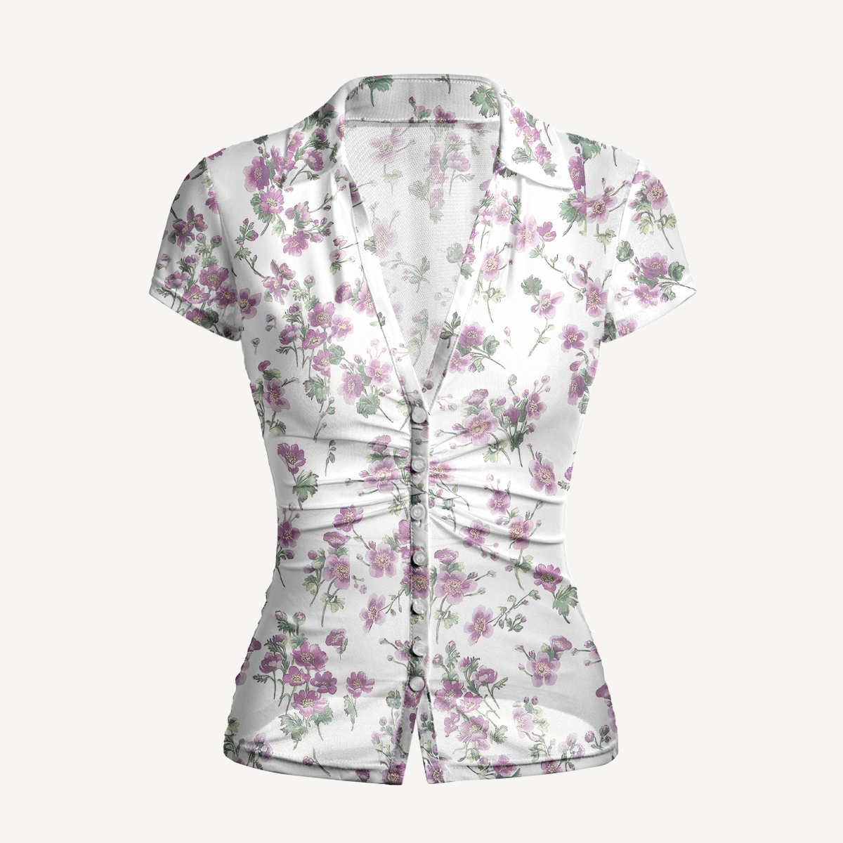 V-Neck Short Sleeve Lavender Field Whisper Print Mesh Top