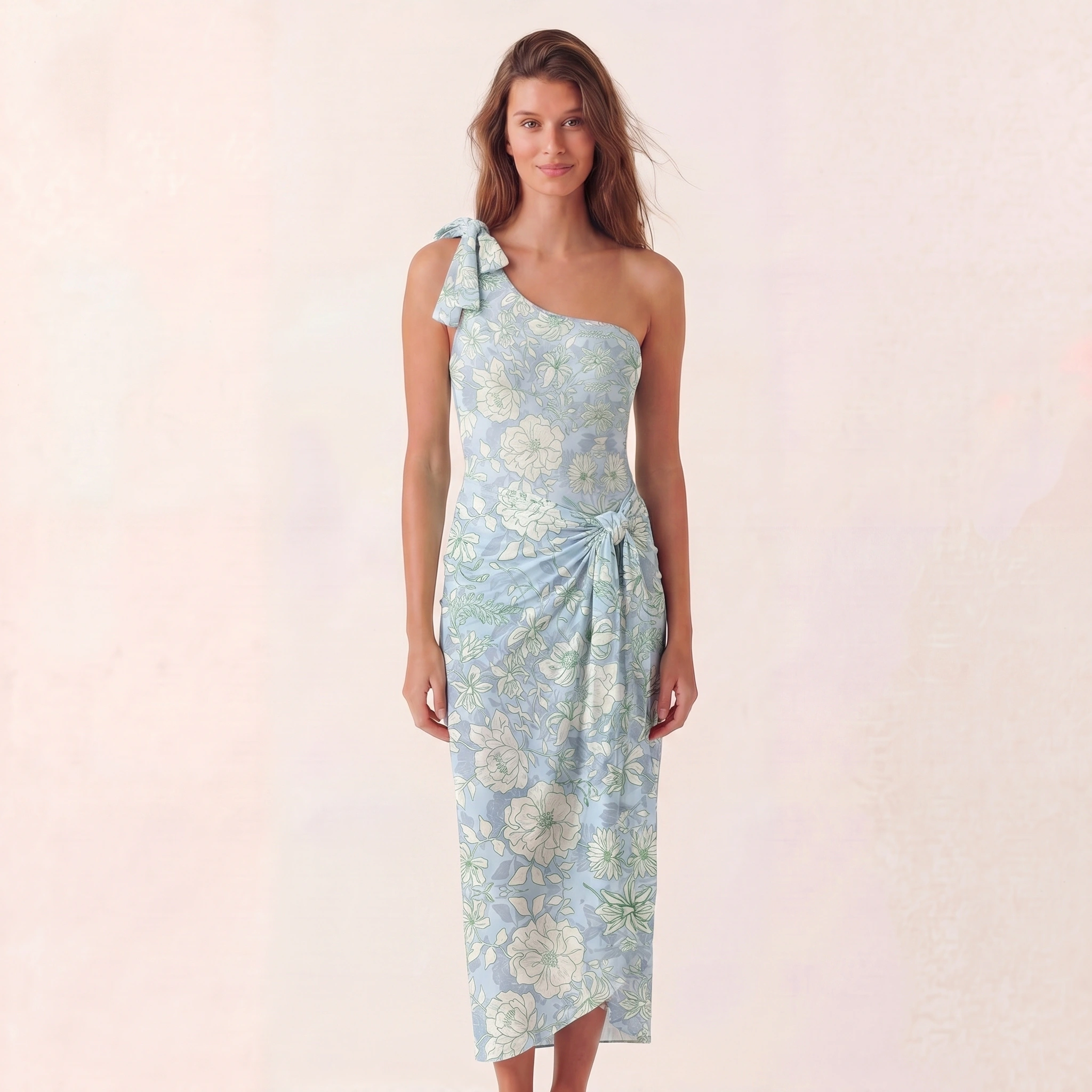 Mist Floral One Shoulder One Piece Swimsuit and Matching Sarong Set for Women